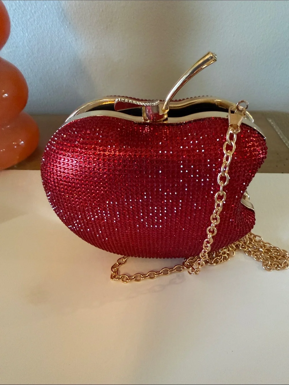 Red Crystal Apple Clutch Bag with Gold Stem
